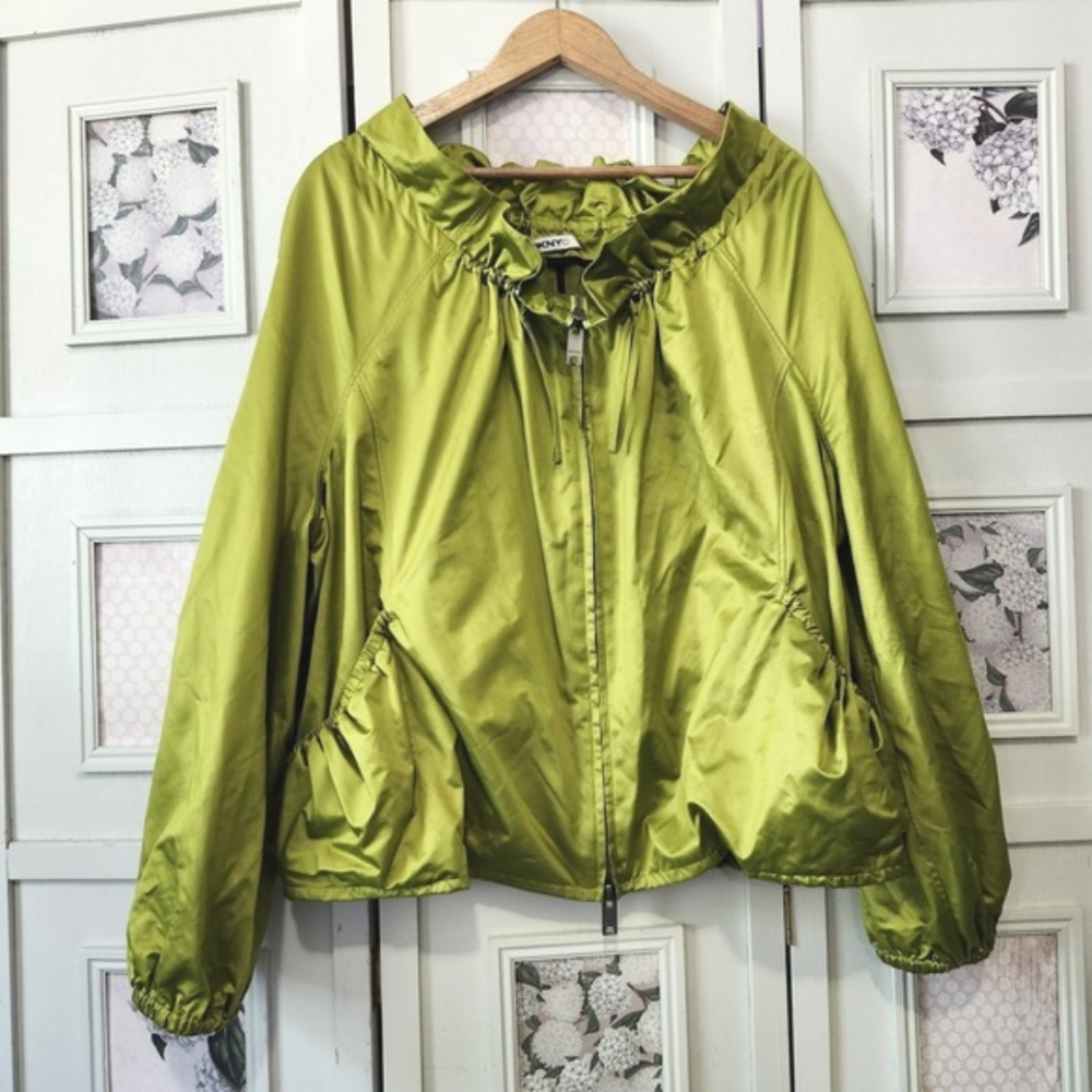 DKNY Lime Green Satin Look‎ Jacket Women's XL Zip Up Shiny Retro Y2K